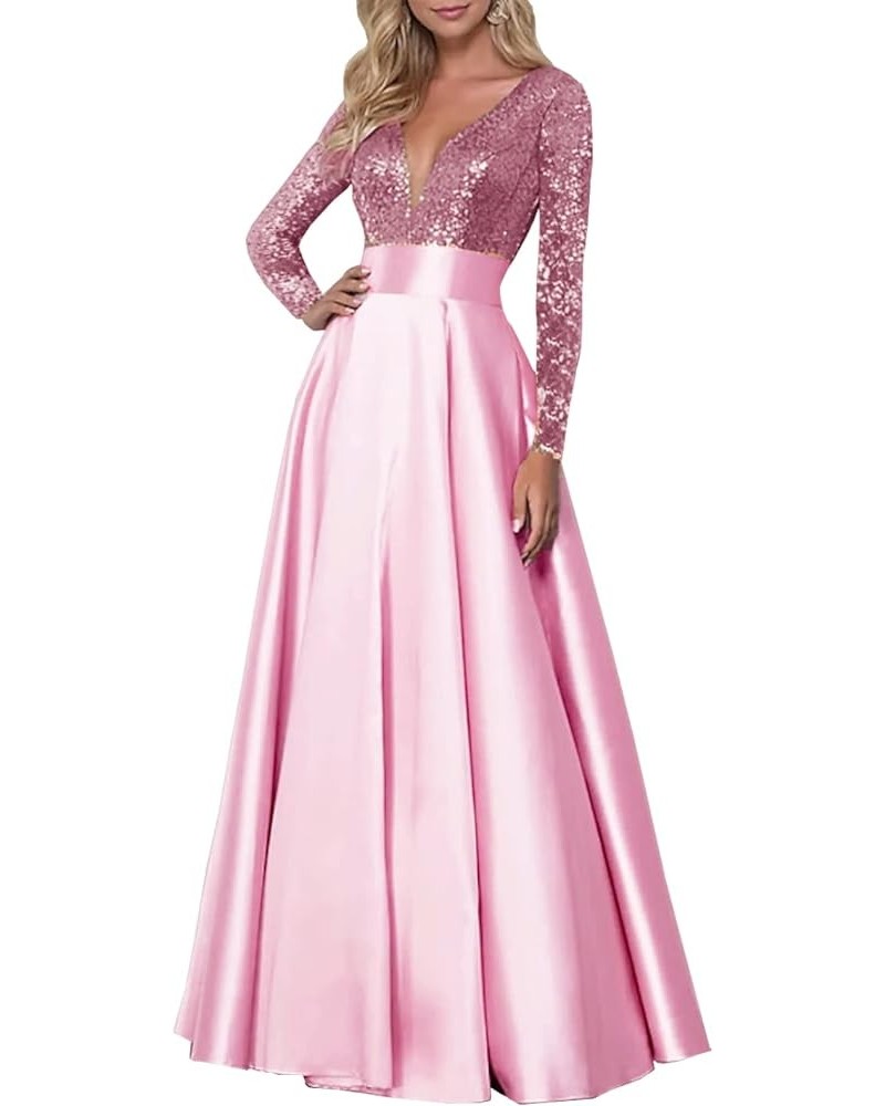 Long Sleeve Sequin Prom Dresses with Pockets V Neck Evening Formal Long Ball Gown 2023 Pink $33.79 Dresses