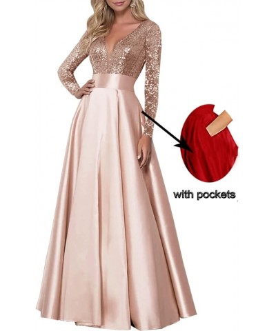 Long Sleeve Sequin Prom Dresses with Pockets V Neck Evening Formal Long Ball Gown 2023 Pink $33.79 Dresses