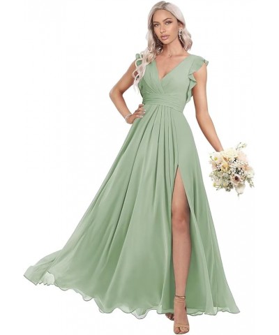 Women's Ruffles Bridesmaid Dresses with Slit Long V Neck Formal Party Dress with Pockets KO009 Sage $29.14 Dresses