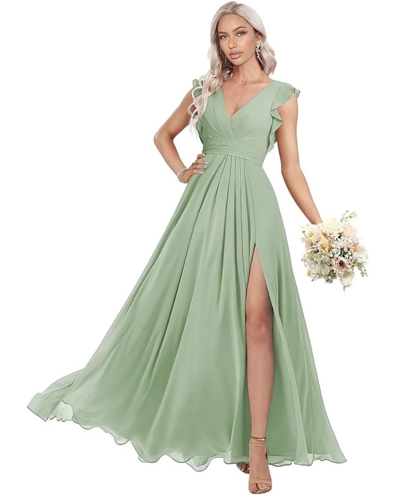 Women's Ruffles Bridesmaid Dresses with Slit Long V Neck Formal Party Dress with Pockets KO009 Sage $29.14 Dresses