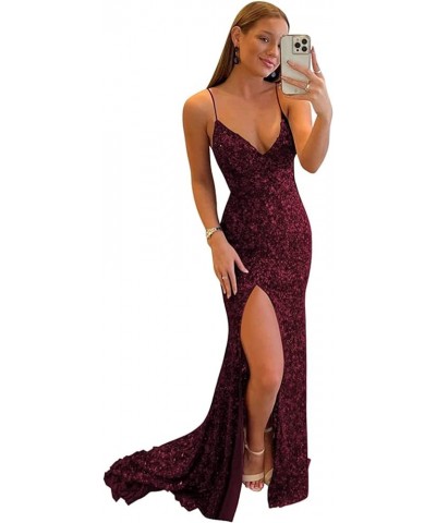 Women's Sequin Mermaid Prom Dresses with Slit Spaghetti Straps V Neck Long Formal Evening Gowns Burgundy $38.24 Dresses