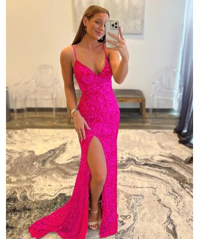 Women's Sequin Mermaid Prom Dresses with Slit Spaghetti Straps V Neck Long Formal Evening Gowns Burgundy $38.24 Dresses