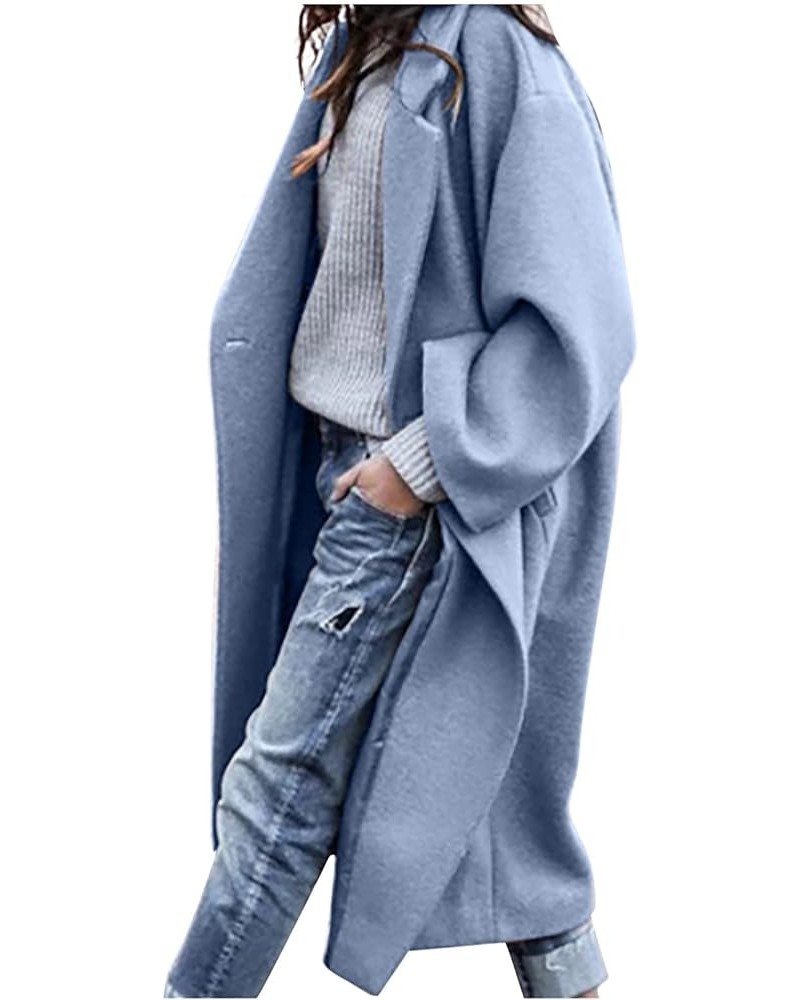 Womens Trendy Fall Winter Loose Woolen Coat Elegant Lapel Trench Coat Classy Solid Color Button Jacket Work Long Coat 03blue ...