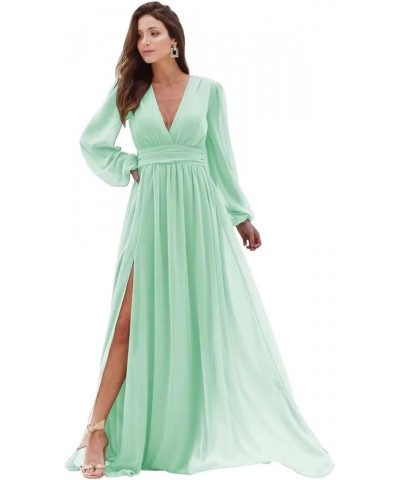 V Neck Long Sleeve Bridesmaid Dresses with Slit Chiffon Ruched A Line Formal Prom Dresses Evening Gowns Mint Green $30.75 Dre...