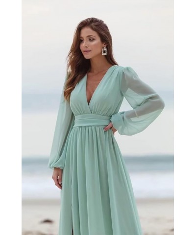 V Neck Long Sleeve Bridesmaid Dresses with Slit Chiffon Ruched A Line Formal Prom Dresses Evening Gowns Mint Green $30.75 Dre...