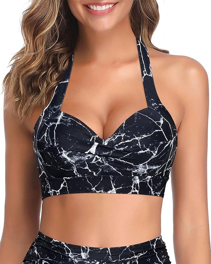 Women Bikini Top Push Up Swim Top Halter Retro Bathing Suit Top Padded Swimsuit Top Only Marble $13.44 Swimsuits