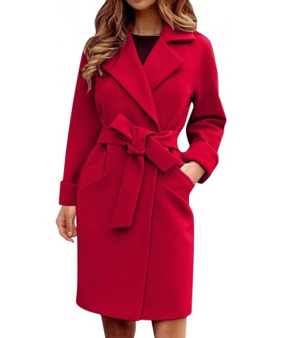 Women's Pea Coat Notched Collar Midi Long Elegant Trench A Line Dress Coat Lapel Long Cardigan Belted Slim Outwear Red XL $17...