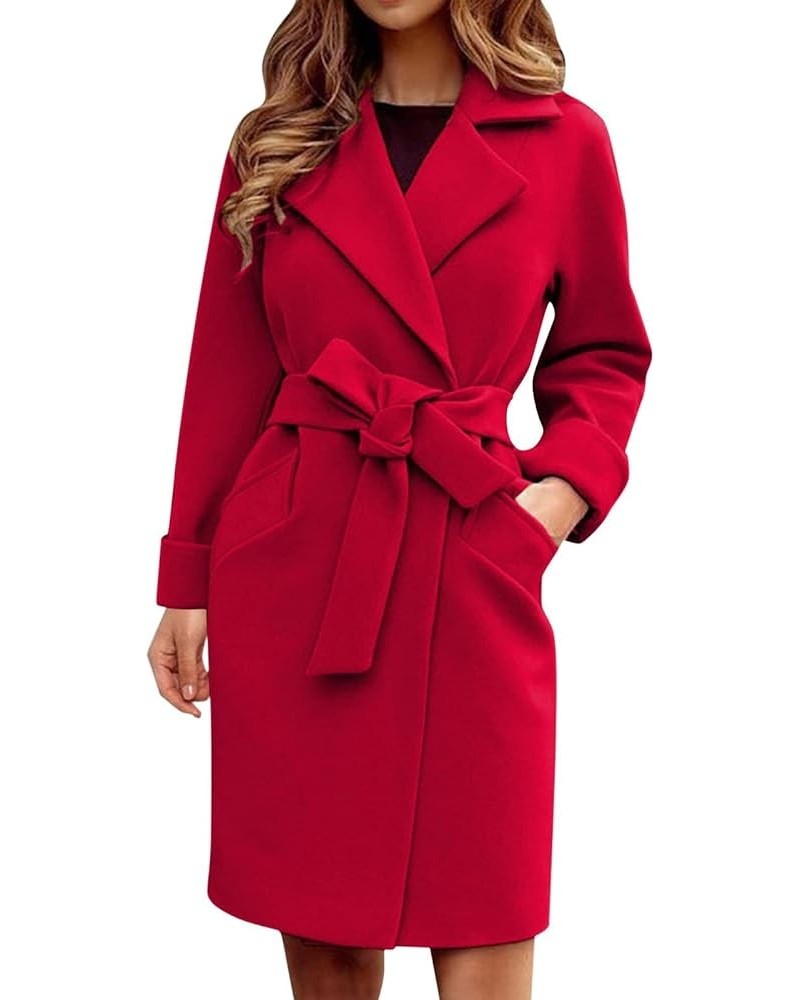 Women's Pea Coat Notched Collar Midi Long Elegant Trench A Line Dress Coat Lapel Long Cardigan Belted Slim Outwear Red XL $17...