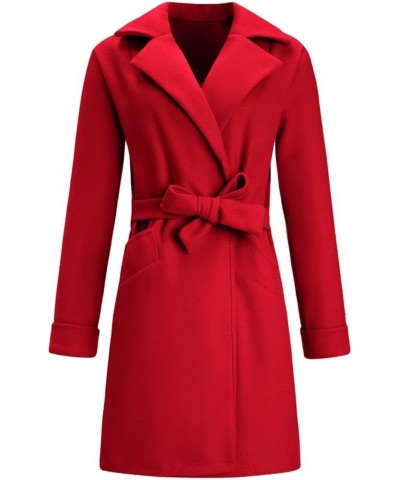 Women's Pea Coat Notched Collar Midi Long Elegant Trench A Line Dress Coat Lapel Long Cardigan Belted Slim Outwear Red XL $17...