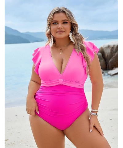 Women's Tummy Control Swimsuit One Piece Full Coverage Plus Size Bathing Suit Retro Ruffle Swimwear Pink and Hot Pink $17.22 ...