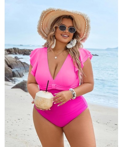 Women's Tummy Control Swimsuit One Piece Full Coverage Plus Size Bathing Suit Retro Ruffle Swimwear Pink and Hot Pink $17.22 ...