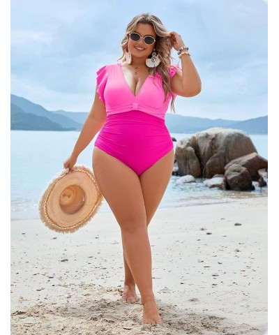 Women's Tummy Control Swimsuit One Piece Full Coverage Plus Size Bathing Suit Retro Ruffle Swimwear Pink and Hot Pink $17.22 ...