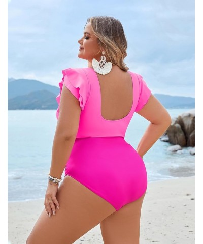 Women's Tummy Control Swimsuit One Piece Full Coverage Plus Size Bathing Suit Retro Ruffle Swimwear Pink and Hot Pink $17.22 ...