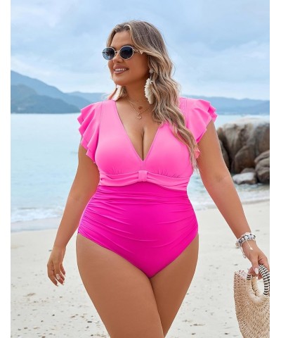 Women's Tummy Control Swimsuit One Piece Full Coverage Plus Size Bathing Suit Retro Ruffle Swimwear Pink and Hot Pink $17.22 ...