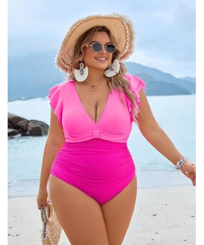 Women's Tummy Control Swimsuit One Piece Full Coverage Plus Size Bathing Suit Retro Ruffle Swimwear Pink and Hot Pink $17.22 ...