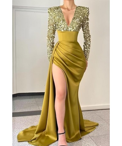 V Neck Sequin Mermaid Prom Dresses for Women Silk Satin Long Sleeve Evening Gown with Slit Formal Wedding Party Dresses Sage ...