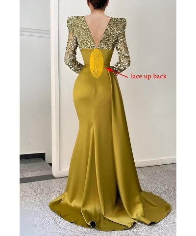 V Neck Sequin Mermaid Prom Dresses for Women Silk Satin Long Sleeve Evening Gown with Slit Formal Wedding Party Dresses Sage ...