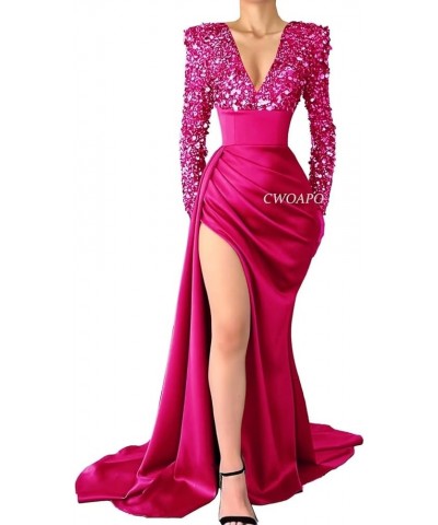 V Neck Sequin Mermaid Prom Dresses for Women Silk Satin Long Sleeve Evening Gown with Slit Formal Wedding Party Dresses Sage ...