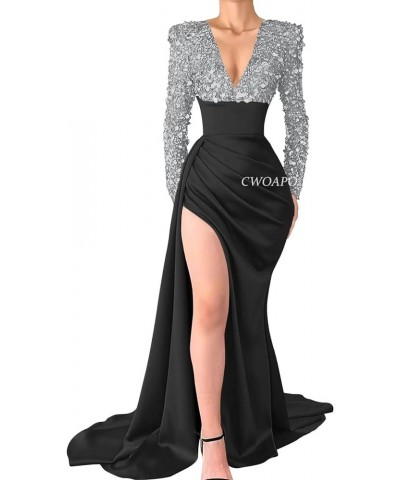 V Neck Sequin Mermaid Prom Dresses for Women Silk Satin Long Sleeve Evening Gown with Slit Formal Wedding Party Dresses Sage ...