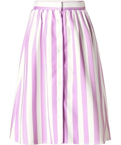 Women's Striped Button Front Elastic Back Waist A-Line Midi Skirt Purple $14.40 Skirts