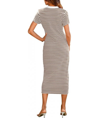 Women Casual Summer Dresses Short Sleeve Striped Midi Dresses Decorative Button Ribbed Knit Dresses Party Dresses Brown $20.2...