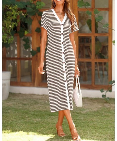 Women Casual Summer Dresses Short Sleeve Striped Midi Dresses Decorative Button Ribbed Knit Dresses Party Dresses Brown $20.2...