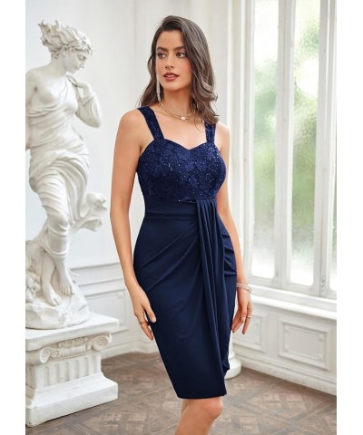 Women's Sweetheart Neck Sequin Lace Stitching Hip Cover Dress for Cocktail Pary Club Navy Blue $18.54 Dresses