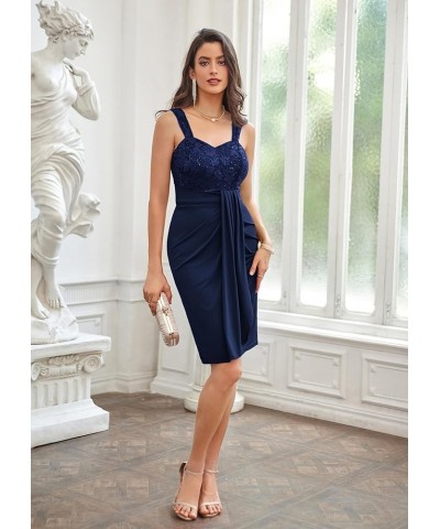 Women's Sweetheart Neck Sequin Lace Stitching Hip Cover Dress for Cocktail Pary Club Navy Blue $18.54 Dresses