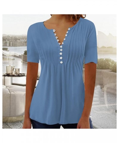 Womens Plus Size Tops Casual Loose Shirts for Women Pleated Solid Color Shirts Print Button Down Blouses 3-light Blue $4.34 Tops