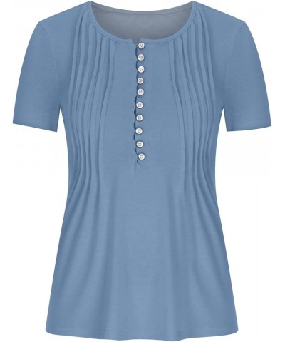 Womens Plus Size Tops Casual Loose Shirts for Women Pleated Solid Color Shirts Print Button Down Blouses 3-light Blue $4.34 Tops