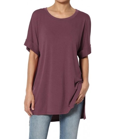 Women's Casual Round Neck Cuffed Short Sleeve Loose Tee Basic Jersey Top T-Shirt Dusty Plum $10.34 Tops