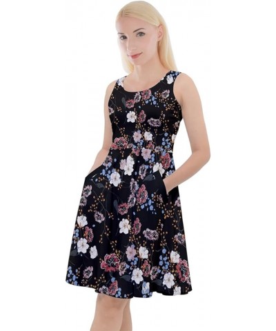 Womens Skater Dress with Pockets Hibiscus Hawaii Floral Summer Tropical Leafs Plumeria V-Neck Dress, XS-5XL Black Vintage $14...