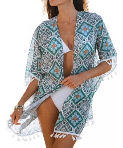 Women's Paisley Print Tassel 3/4 Dolman Sleeve Cover-Up Open Front Mini Dress Green Paisley $14.02 Swimsuits