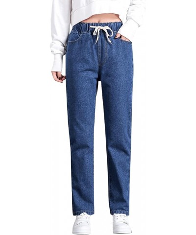 Women's Denim Stretch Joggers Drawstring Elastic Waist Pull On Jeans Casual Baggy Jeans Cropped Jeans with Pockets B-dark Blu...