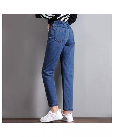 Women's Denim Stretch Joggers Drawstring Elastic Waist Pull On Jeans Casual Baggy Jeans Cropped Jeans with Pockets B-dark Blu...