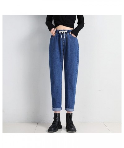 Women's Denim Stretch Joggers Drawstring Elastic Waist Pull On Jeans Casual Baggy Jeans Cropped Jeans with Pockets B-dark Blu...