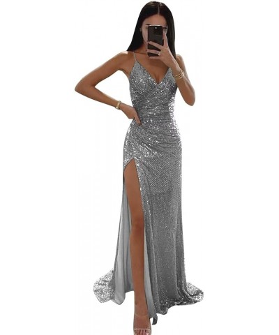 Sequin Mermaid Prom Dresses for Women Spaghetti Straps Formal Evening Party Gown with Slit Silver $29.40 Dresses