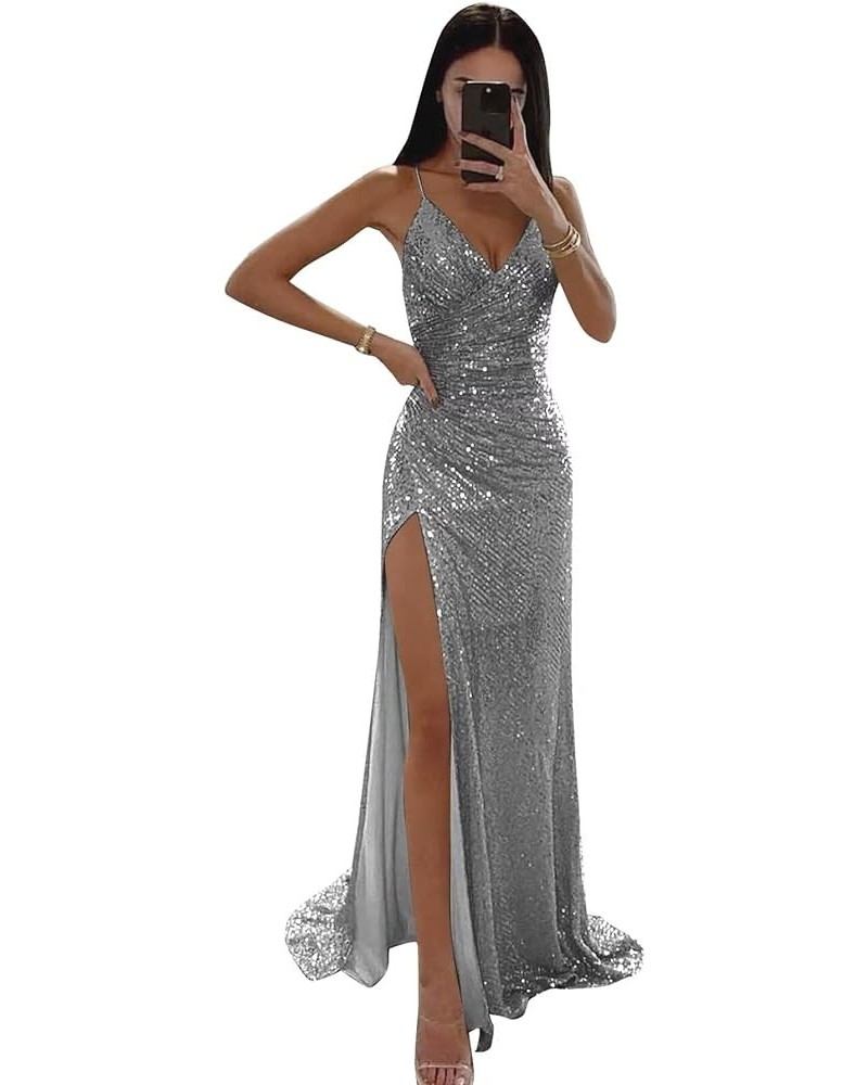 Sequin Mermaid Prom Dresses for Women Spaghetti Straps Formal Evening Party Gown with Slit Silver $29.40 Dresses