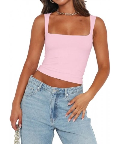 Womens Sexy Crop Top Summer 2024 Square Neck Sleeveless Double Layer Going Out Tank Tops Light Pink $10.81 Tanks