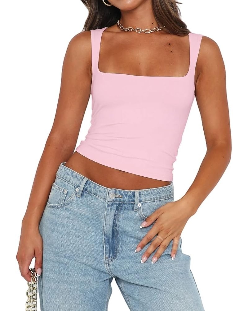 Womens Sexy Crop Top Summer 2024 Square Neck Sleeveless Double Layer Going Out Tank Tops Light Pink $10.81 Tanks