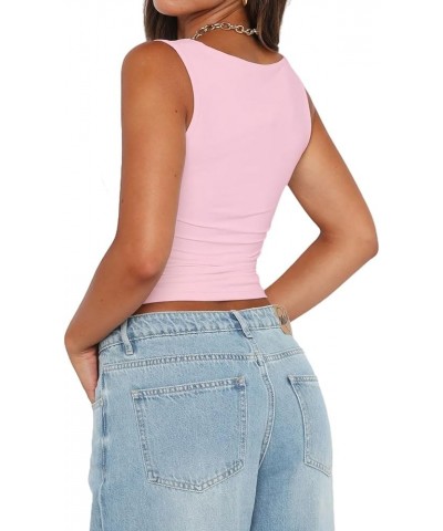 Womens Sexy Crop Top Summer 2024 Square Neck Sleeveless Double Layer Going Out Tank Tops Light Pink $10.81 Tanks