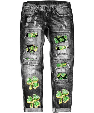 Womens Plaid Patch Ripped Boyfriend Distressed Stretch Skinny Denim Jeans with Hole St. Patrick's Day Green Trousers I-grey $...