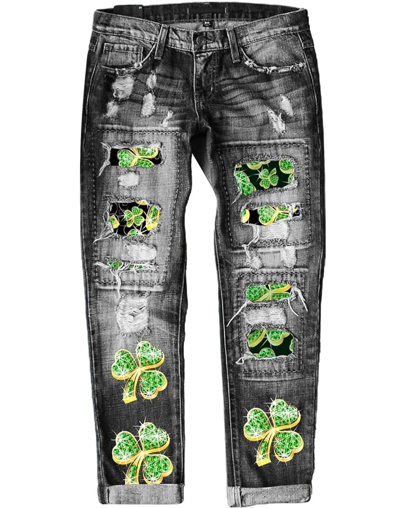 Womens Plaid Patch Ripped Boyfriend Distressed Stretch Skinny Denim Jeans with Hole St. Patrick's Day Green Trousers I-grey $...