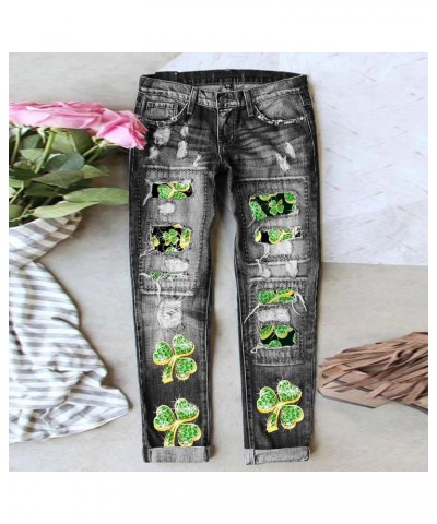 Womens Plaid Patch Ripped Boyfriend Distressed Stretch Skinny Denim Jeans with Hole St. Patrick's Day Green Trousers I-grey $...