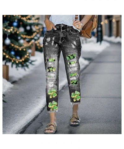 Womens Plaid Patch Ripped Boyfriend Distressed Stretch Skinny Denim Jeans with Hole St. Patrick's Day Green Trousers I-grey $...