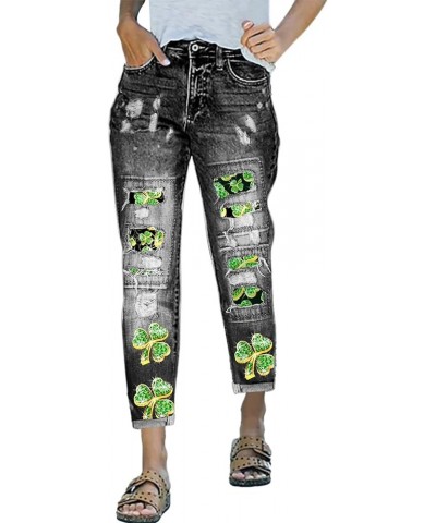 Womens Plaid Patch Ripped Boyfriend Distressed Stretch Skinny Denim Jeans with Hole St. Patrick's Day Green Trousers I-grey $...