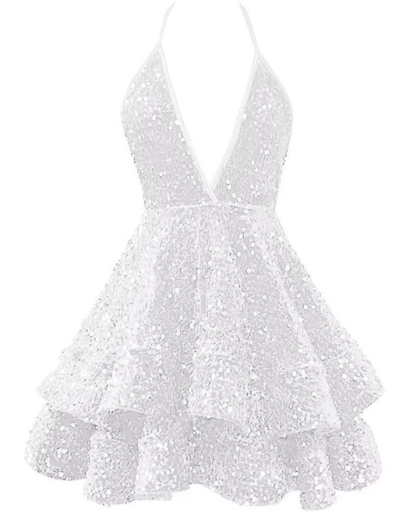 Homecoming Dresses Sparkly Sequin Short Prom Dresses for Teens 2023 Halter Tiered Mini Cocktail Evening Party Dresses F-white...