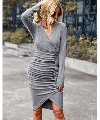 Women's Long Sleeve Wrap Dress Sexy Ruched V Neck Pencil Dress Casual Elegant Bodycon Mini Cocktail Party Dress Grey $9.68 Dr...