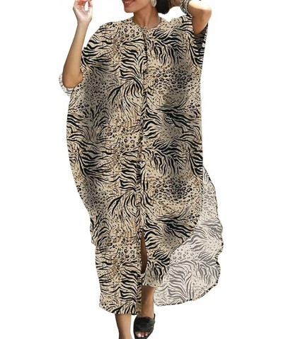 Women Casual Beach Kaftan Maxi Dress Loose Caftan Bikini Cover Up Kimono Cardigan Long Bathing Suit Shirt Dress Zebra Leopard...