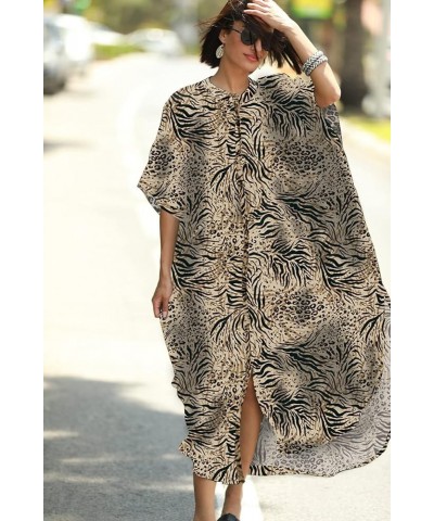 Women Casual Beach Kaftan Maxi Dress Loose Caftan Bikini Cover Up Kimono Cardigan Long Bathing Suit Shirt Dress Zebra Leopard...